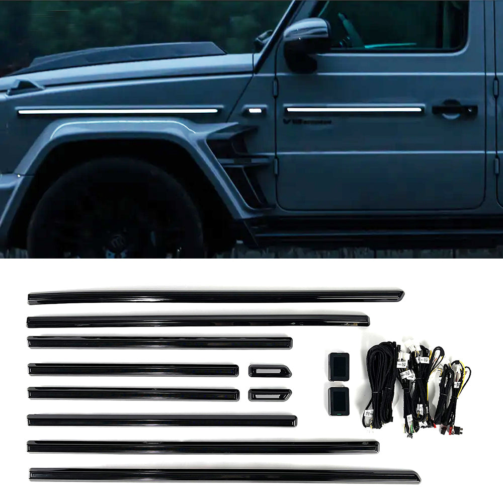 Black side moldings with sequential LED lights for Mercedes Benz G63 G550 W463A W464 2019 - 2023