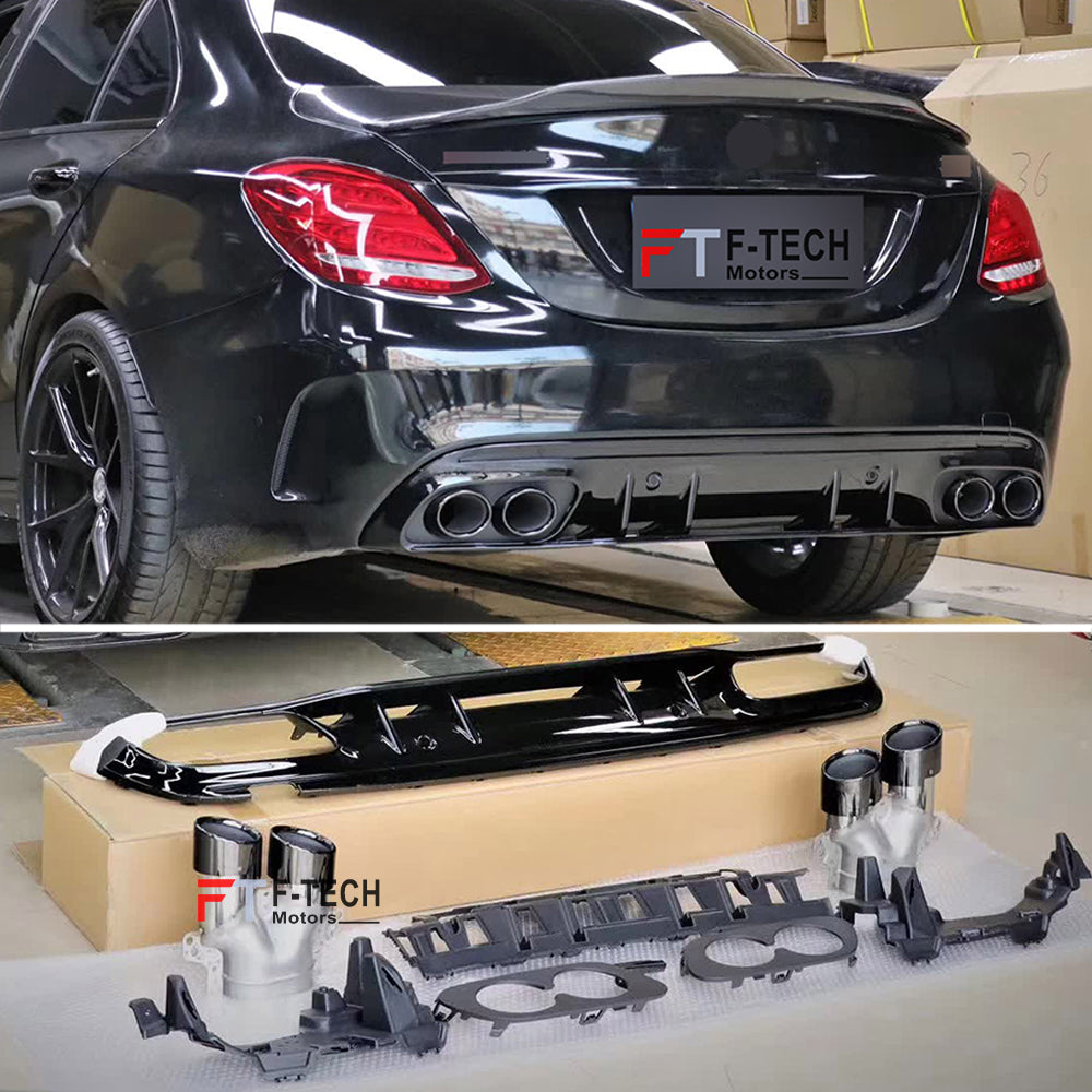 C43 AMG Look Rear Diffuser Exhaust Tips For Mercedes Benz C Class W205 2015 - 2021