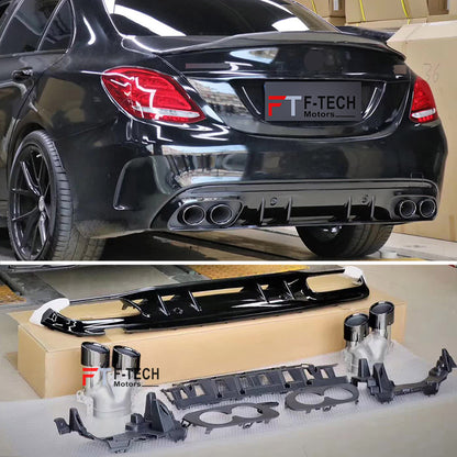 C43 AMG Look Rear Diffuser Exhaust Tips For Mercedes Benz C Class W205 2015 - 2021